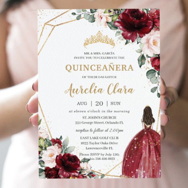 Quinceañera Burgundy  Blommigt Princess Guld Inbjudningar (Skapare uppladdad)