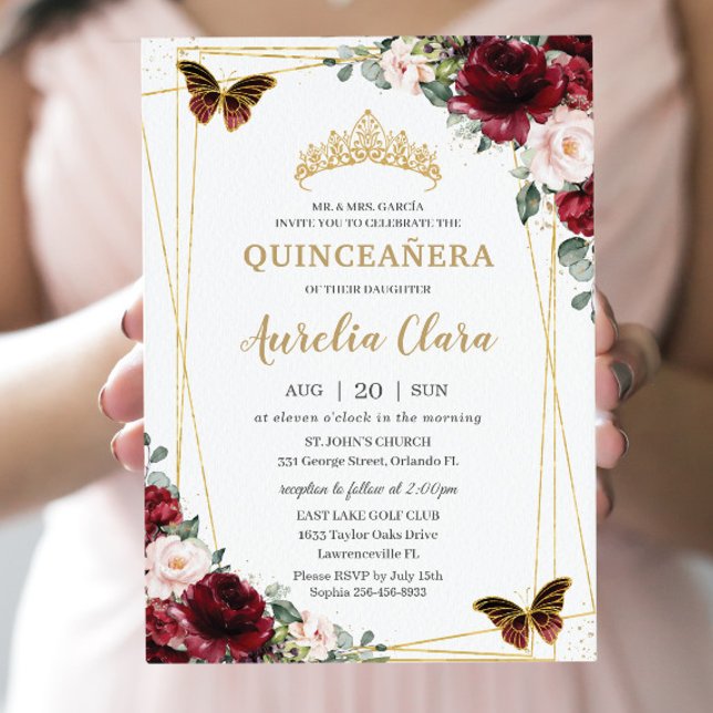 Quinceañera Burgundy  Blommigt Princess Tiara Inbjudningar (Skapare uppladdad)