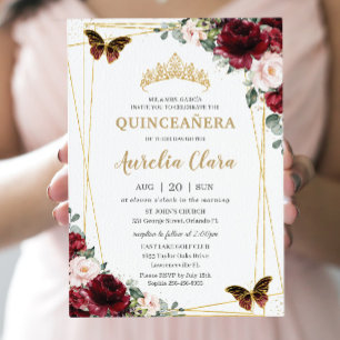 Quinceañera Burgundy Blommigt Princess Tiara Inbjudningar