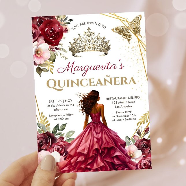 Quinceañera Burgundy  Blommigt Princess Tiara Inbjudningar (Skapare uppladdad)