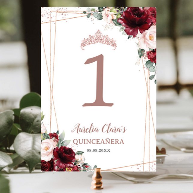 Quinceañera Burgundy  Blommigt Ro Guld Bordsnummer (Skapare uppladdad)