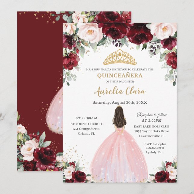 Quinceañera Burgundy  Blommigt Rosa Dress Krona Inbjudningar (Fram/baksida)