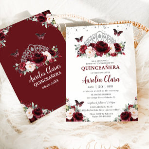 Quinceañera Burgundy Blommigt Silver Krona Inbjudningar