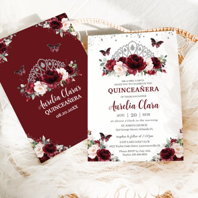 Quinceañera Burgundy  Blommigt Silver Krona Inbjudningar (Skapare uppladdad)