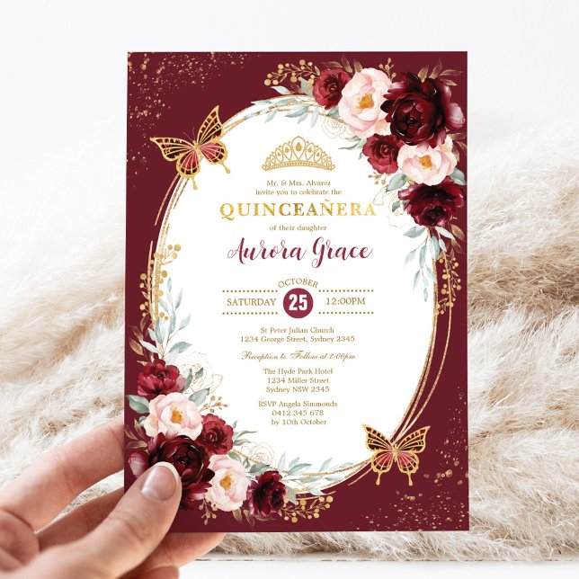Quinceañera Burgundy  blommor Inbjudningar (Skapare uppladdad)