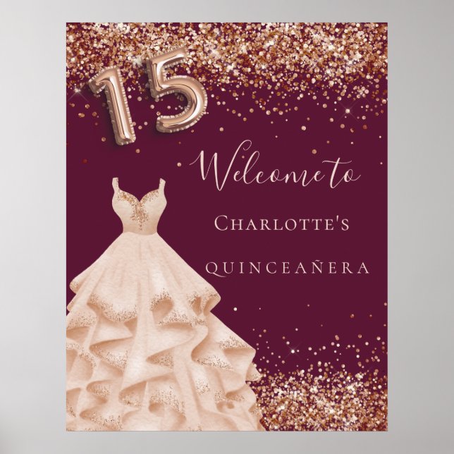 Quinceanera burgundy-dammklänningen ro guld glitte poster (Framsidan)