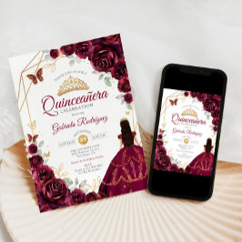 Quinceanera Burgundy Dress Blommigt Guld Inbjudningar