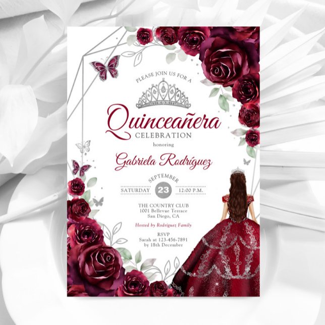Quinceanera Burgundy Dress Blommigt Inbjudningar (Skapare uppladdad)