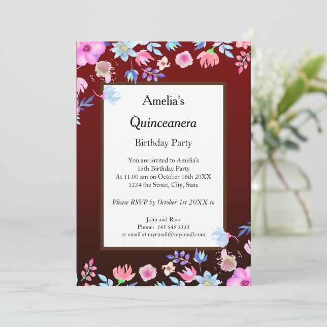 Quinceanera Burgundy-födelsedagsfest blommor Inbjudningar (Stående Fram)