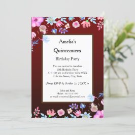 Quinceanera Burgundy-födelsedagsfest blommor Inbjudningar