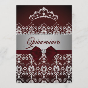 Quinceanera Burgundy Gnistra Diamond Tiara Bow Inbjudningar