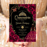 Quinceanera Burgundy Gold Butterfly Dress Floral Inbjudningar<br><div class="desc">Burgundy black and gold Quinceanera celebration invitation. Features brunette girl in ball gown dress,  script font,  gold butterflies,  watercolor roses and tiara. Perfect for an elegant princess style glam celebration. Personalize with your own details. Printed Zazzle invitations or instant download digital printable template.</div>