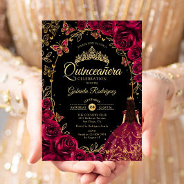 Quinceanera Burgundy Guld Black Inbjudningar
