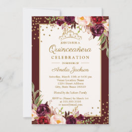 Quinceanera Burgundy Guld blommigt Gnistra Inbjuda Inbjudningar