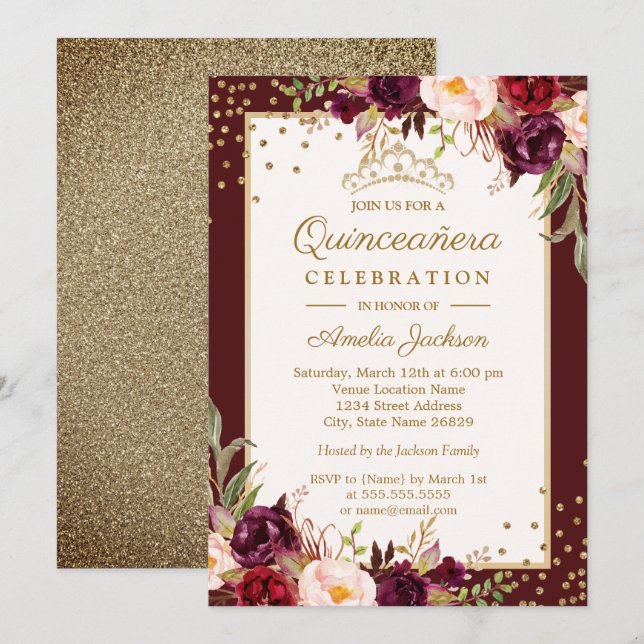 Quinceanera Burgundy Guld blommigt Gnistra Inbjuda Inbjudningar (Fram/baksida)