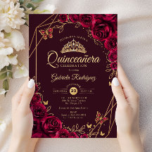 Quinceanera Burgundy Guld Blommigt