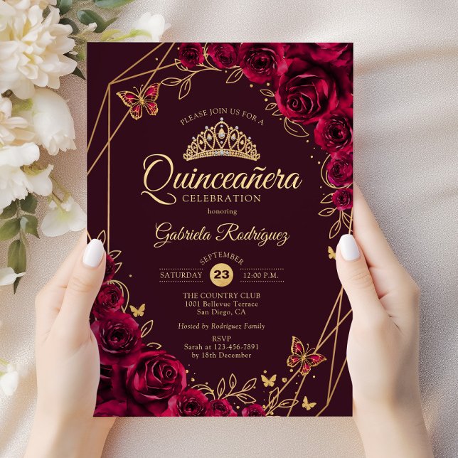 Quinceanera Burgundy Guld Blommigt Inbjudningar (Skapare uppladdad)