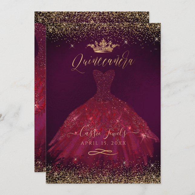 Quinceanera Burgundy Guld Glitter Princess Krona Inbjudningar (Fram/baksida)