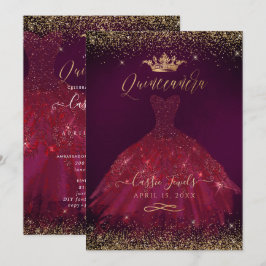 Quinceanera Burgundy Guld Glitter Princess Krona Inbjudningar