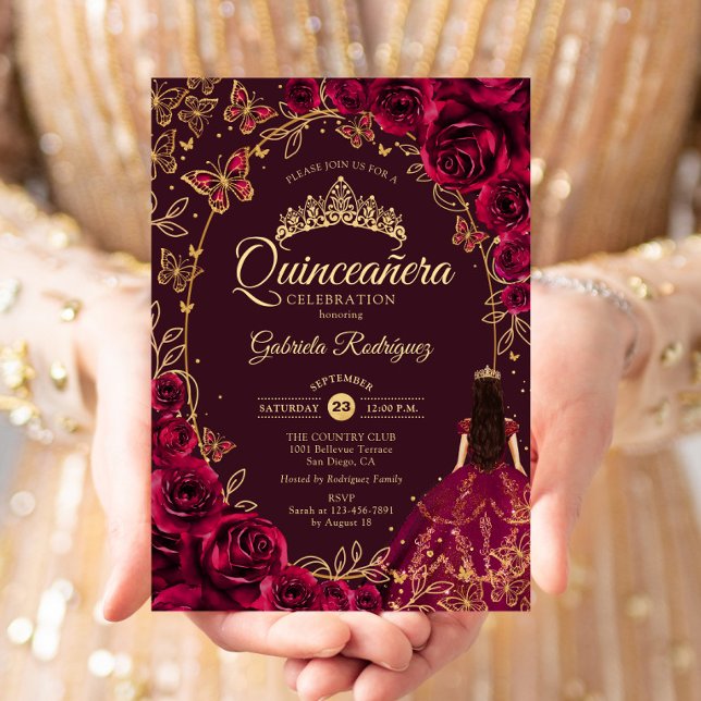 Quinceanera Burgundy Guld Inbjudningar (Skapare uppladdad)