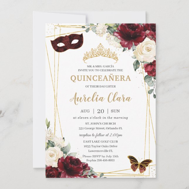 Quinceañera Burgundy Ivory Blommigt Butterflies Ma Inbjudningar (Framsida)