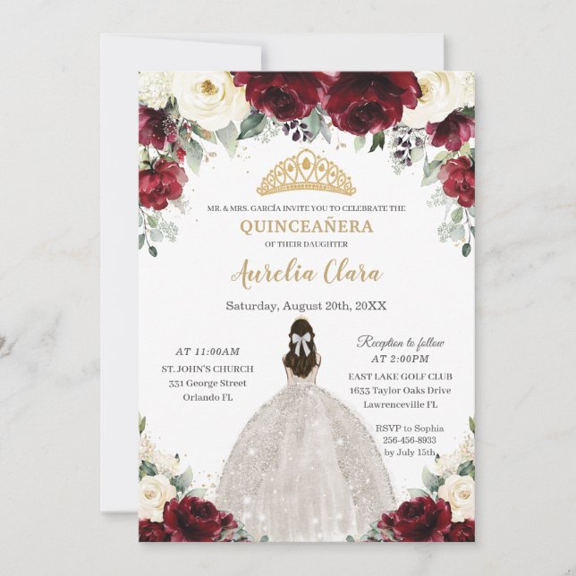 Quinceañera Burgundy Ivory White Blommigt Princess Inbjudningar (Framsida)