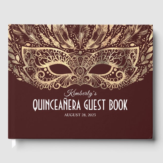 Quinceanera Burgundy och Guld Guest Bok (Framsida)
