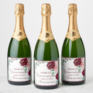 Quinceanera Burgundy Red Blommigt Champagne Label