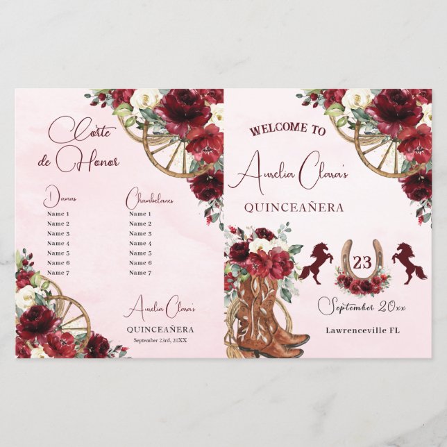 Quinceañera Burgundy Red Blommigt Charro Program (Framsida)