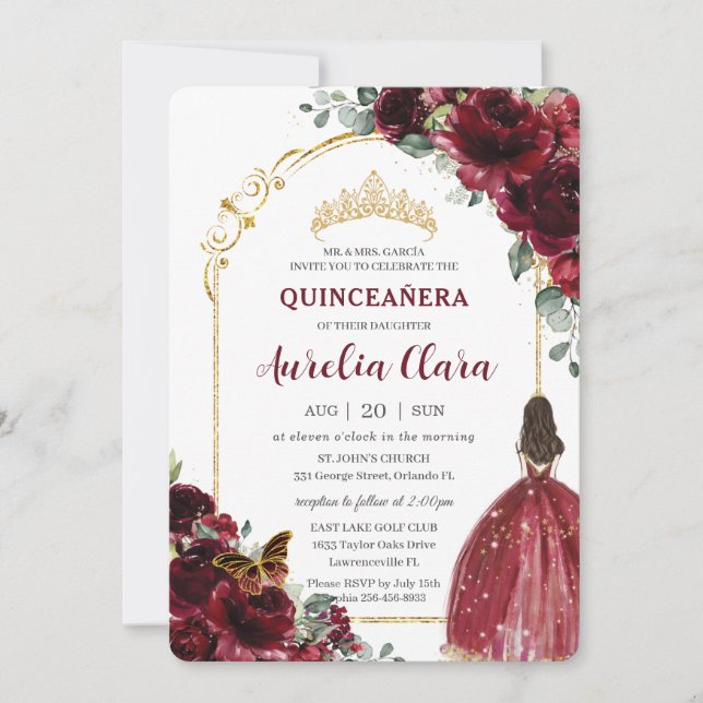 Quinceañera Burgundy Red Blommigt Guld Princess Ar Inbjudningar (Framsida)