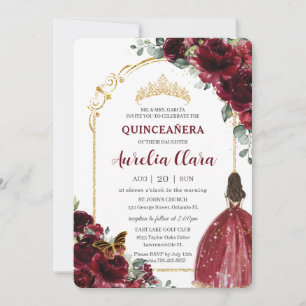 Quinceañera Burgundy Red Blommigt Guld Princess Ar Inbjudningar