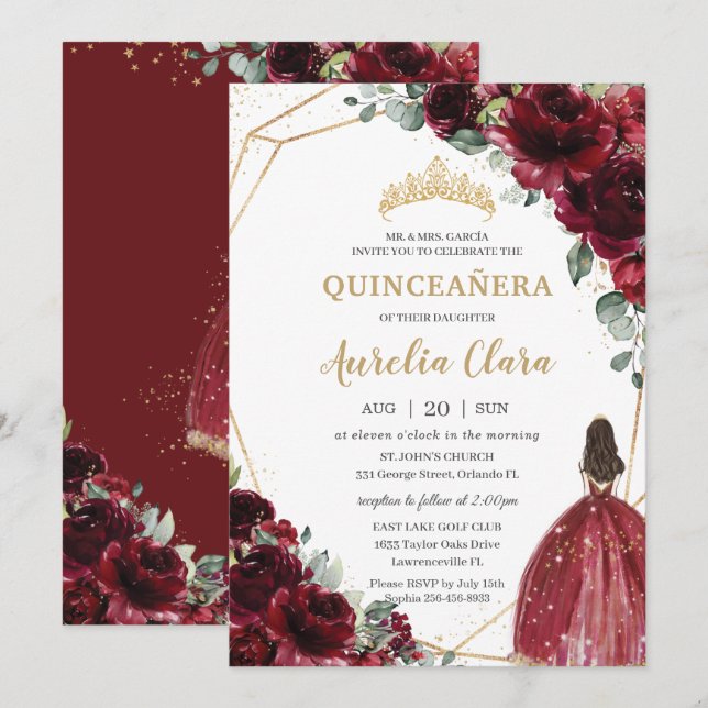 Quinceañera Burgundy Red Blommigt Guld Princess Inbjudningar (Fram/baksida)
