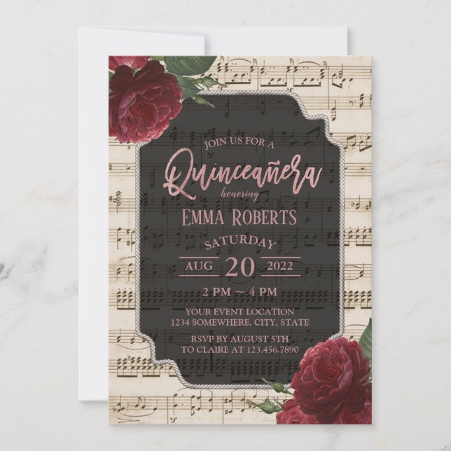 Quinceanera Burgundy Red Blommigt Music Birthday Inbjudningar (Framsida)