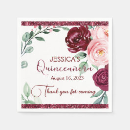 Quinceanera Burgundy Red Blommigt Pappersservett