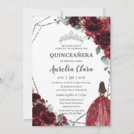 Quinceañera Burgundy Red Blommigt Silver Princess Inbjudningar