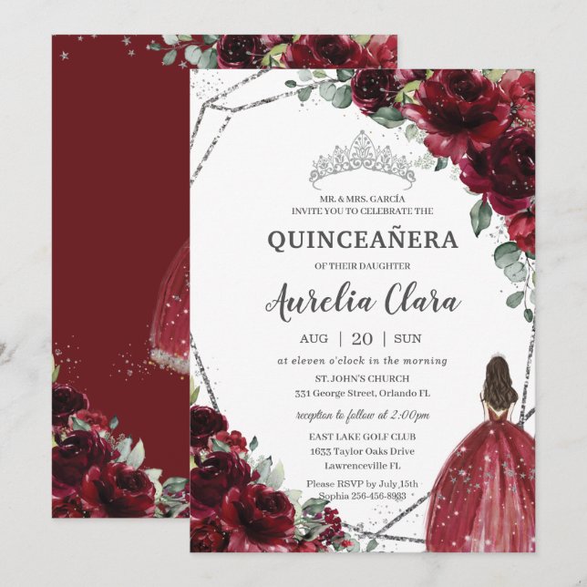 Quinceañera Burgundy Red Blommigt Silver Princess Inbjudningar (Fram/baksida)
