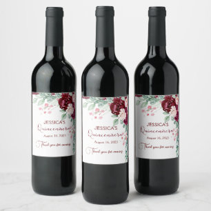 Quinceanera Burgundy Red Glitter Blommigt Vin Vinflaska Etikett