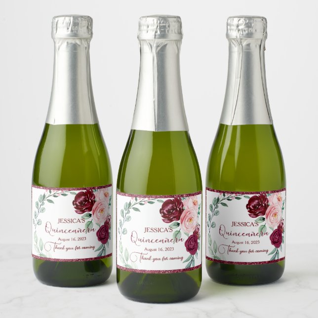 Quinceanera Burgundy Red Mini Sparkling Vin etiket (Flaskor)