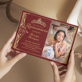 Quinceanera Burgundy Red Quinceanera med foto Inbjudningar