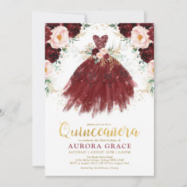 Quinceañera Burgundy Ro Flower Princess Birthday Inbjudningar