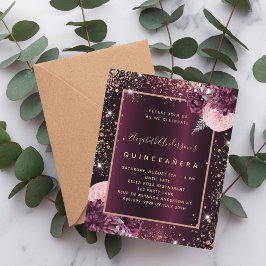 Quinceanera burgundy ro guld blommigt inbjudan