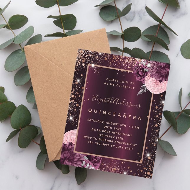 Quinceanera burgundy ro guld blommigt inbjudan (Skapare uppladdad)