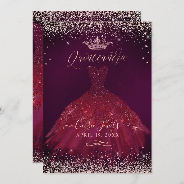 Quinceanera Burgundy Ro Guld confetti+Princess Inbjudningar (Fram/baksida)