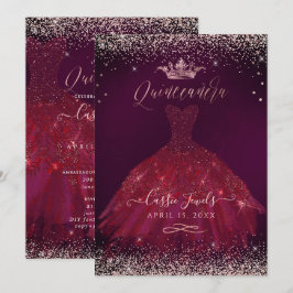 Quinceanera Burgundy Ro Guld confetti+Princess Inbjudningar