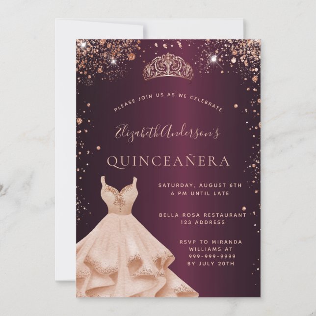 Quinceanera burgundy ro guld dress inbjudningar (Framsida)