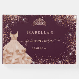 Quinceanera burgundy ro guld dress tiara namn gästböcker
