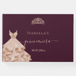 Quinceanera burgundy ro guld dress tiara namn gästböcker