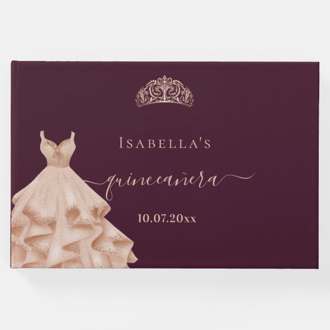 Quinceanera burgundy ro guld dress tiara namn gästböcker (Framsida)
