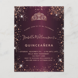 Quinceanera burgundy ro guld glitter stofttiara inbjudan vykort