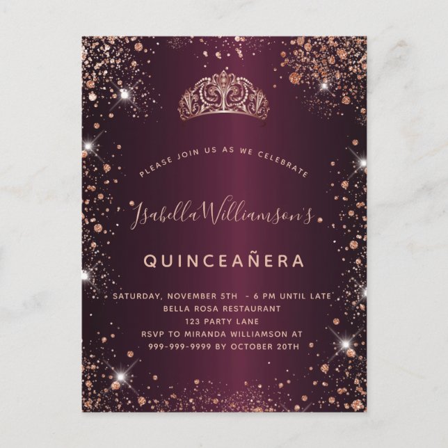 Quinceanera burgundy ro guld glitter stofttiara inbjudan vykort (Framsida)